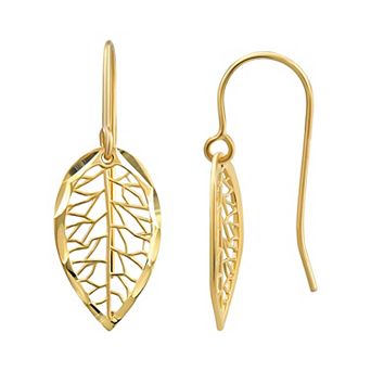 Forever 14K 14k Gold Fretwork Leaf Drop Earrings