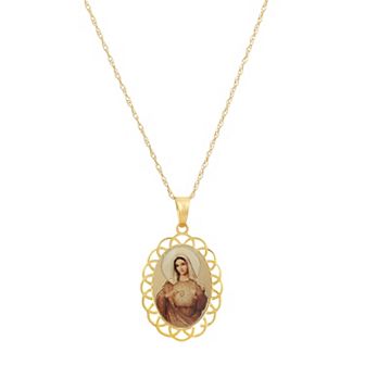 Forever 14K 14k Gold Mary Oval Filigree Frame Disc Pendant Necklace