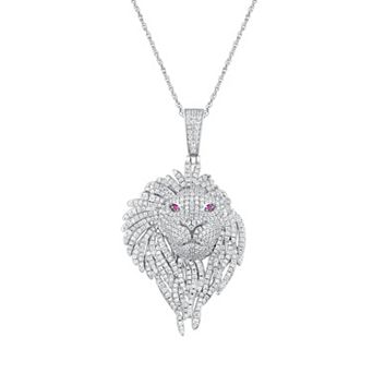 Argento Forte Men's Sterling Silver Cubic Zirconia Lion Head Pendant Necklace