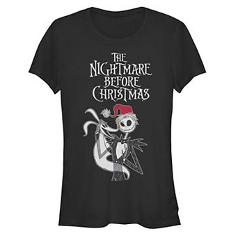 Disney's The Nightmare Before Christmas Jack Skellington And Zero Santa Hat Juniors' Fitted Graphic Tee