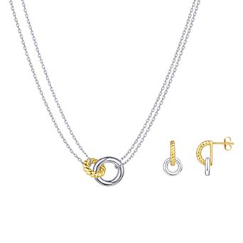 Argento Forte Sterling Silver Two-Tone Polished & Ribbed Linked Circle Necklace & Earrings Set