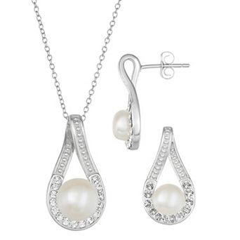 Argento Forte Sterling Silver Cultured Freshwater Pearl & Crystal Teardrop Pendant Necklace & Earrings Set