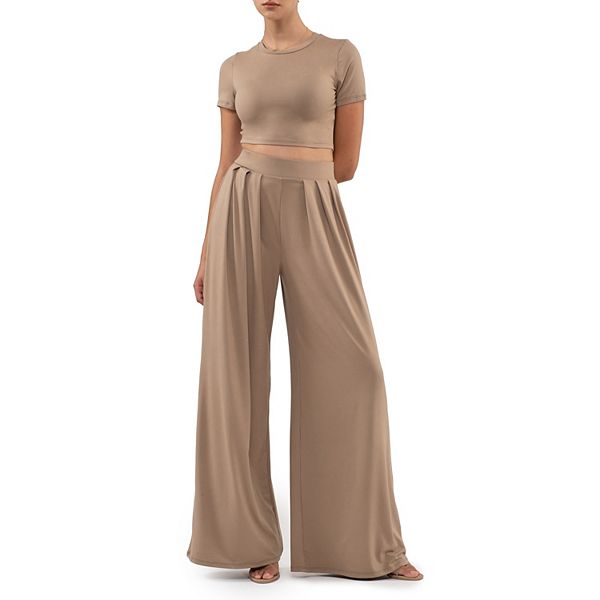 August Sky Women's Knit Crop Top And Palazzo Pant Set