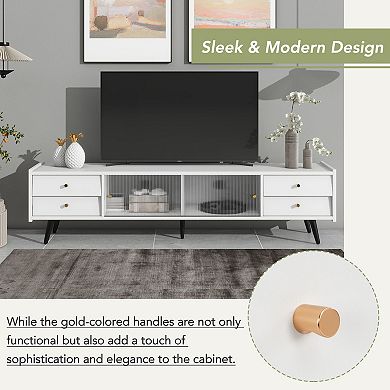 Merax Modern TV Stand，Faux Marble Tabletop Media Console with Tempered Glass Doors
