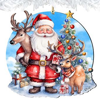 Santa with Reindeer Wooden Christmas Ornaments by G. Debrekht - Christmas Santa Snowman Decor