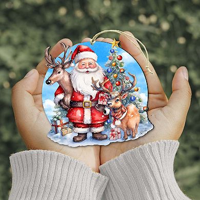 Santa with Reindeer Wooden Christmas Ornaments by G. Debrekht - Christmas Santa Snowman Decor