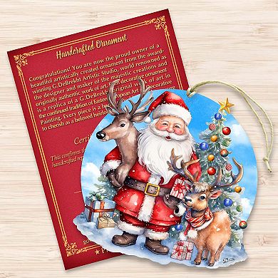 Santa with Reindeer Wooden Christmas Ornaments by G. Debrekht - Christmas Santa Snowman Decor