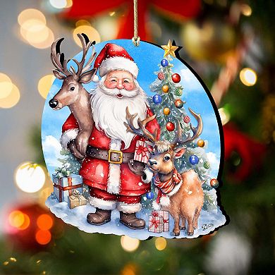 Santa with Reindeer Wooden Christmas Ornaments by G. Debrekht - Christmas Santa Snowman Decor
