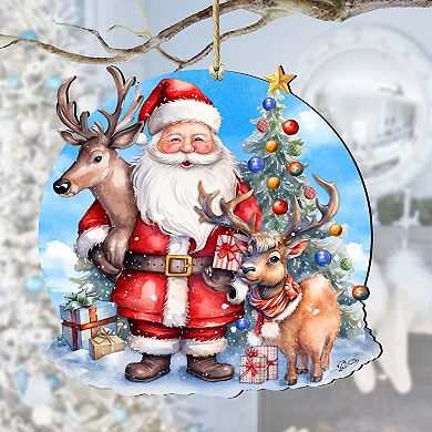 Santa with Reindeer Wooden Christmas Ornaments by G. Debrekht - Christmas Santa Snowman Decor