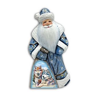 Winter Wolves Santa In Blue Hand-painted Wood Carved Masterpiece By G. Debrekht - Christmas Decor