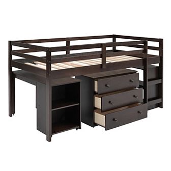 Merax Low Study Loft Bed with Cabinet and Rolling Portable Desk