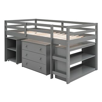 Merax Low Study Loft Bed with Cabinet and Rolling Portable Desk
