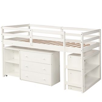Merax Low Study Loft Bed with Cabinet and Rolling Portable Desk