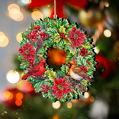 Holiday Cardinal Garland Wreath Wooden Christmas Ornaments by G. Debrekht - Christmas Decor