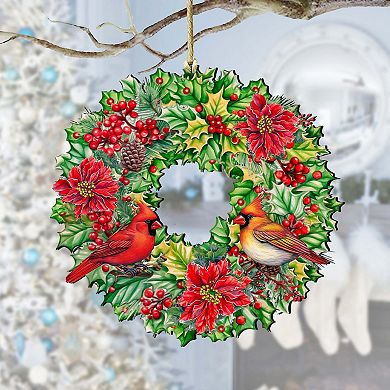 Holiday Cardinal Garland Wreath Wooden Christmas Ornaments by G. Debrekht - Christmas Decor