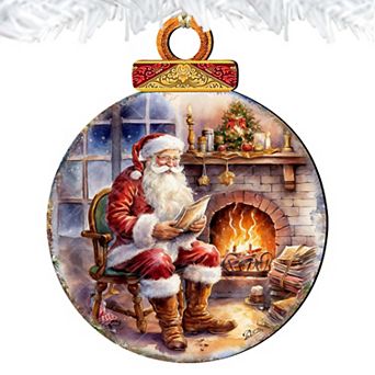 Santa at the Fireplace Wooden Christmas Ornaments by G. Debrekht - Christmas Santa Snowman Decor