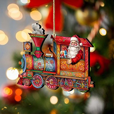 Santa's Train Wooden Christmas Ornaments by G. Debrekht - Christmas Santa Snowman Decor