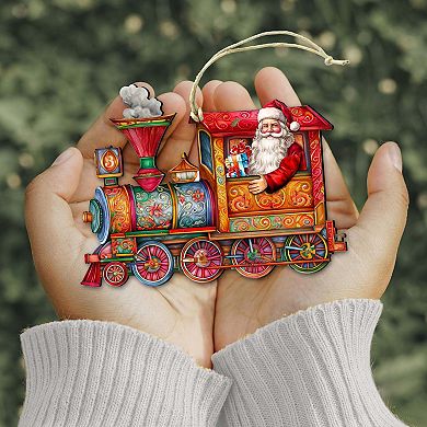 Santa's Train Wooden Christmas Ornaments by G. Debrekht - Christmas Santa Snowman Decor
