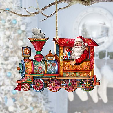 Santa's Train Wooden Christmas Ornaments by G. Debrekht - Christmas Santa Snowman Decor