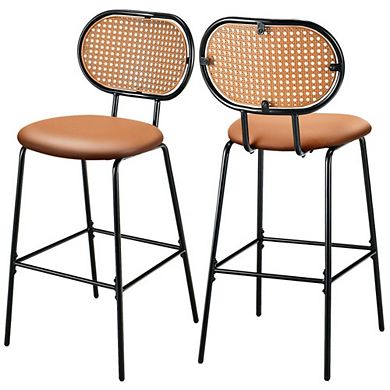 Hivvago 29.5 Inch Modern Faux Leather Bar Stools With Imitation Rattan Woven Backrest