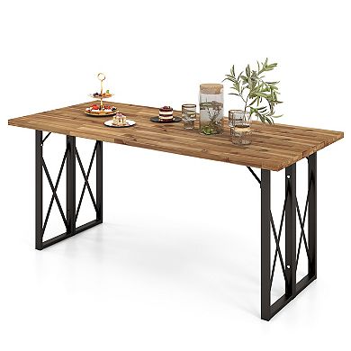 67 Inch Patio Rectangle Acacia Wood Dining Table with Umbrella Hole