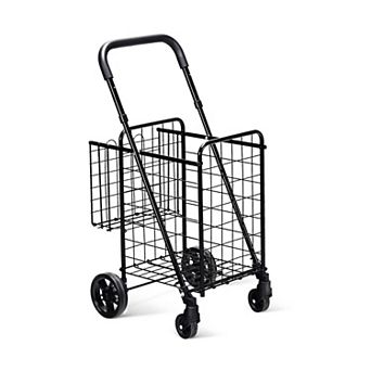 Folding Shopping Cart with Double Basket Rolling Grocery Cart with Adjustable Handle