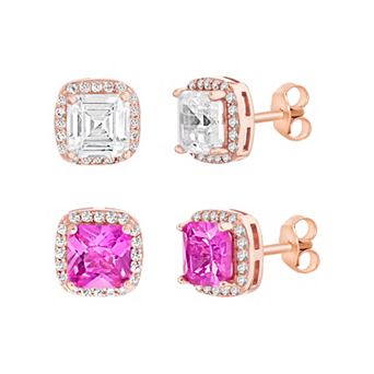 14k Rose Gold Over Silver Cubic Zirconia & Lab Created Pink Sapphire Stud Earring Duo Set