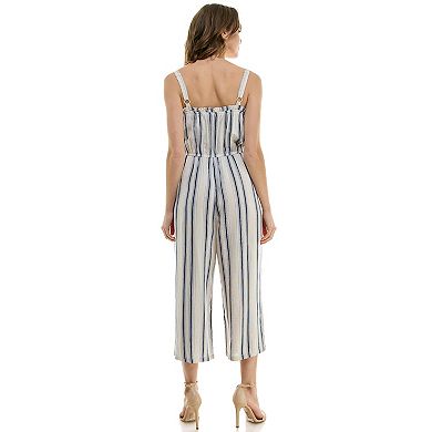 Juniors' Lily Rose Striped Sleeveless Button Front Squareneck Jumpsuit