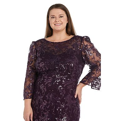 Plus Size R&M Richards Embroidered Sequin Mesh Long Dress with Sheer Illusion Yoke