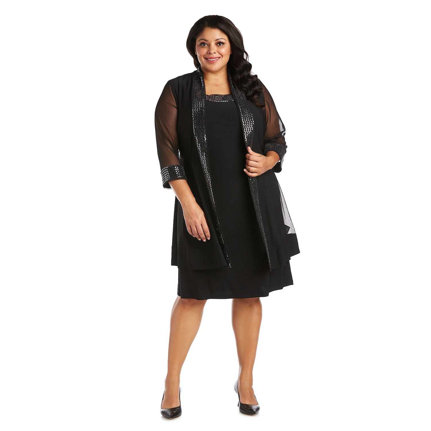 Женские платья Plus Size R&M Richards 2 pc Print Chevron Metallic Detail Jacket & Dress, цвет: Чёрный серебряный — фото 1