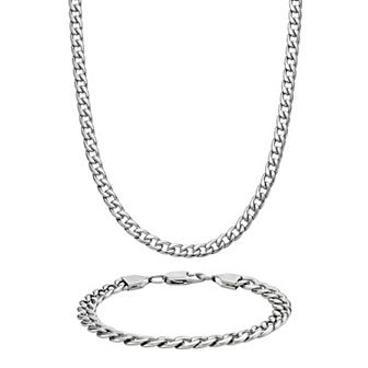 LYNX Stainless Steel 7.5MM Curb Chain Men's Bracelet and Necklace Set