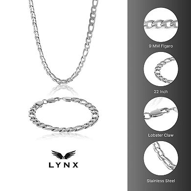 LYNX Stainless Steel 9MM Figaro Chain Men's Bracelet and Necklace Set