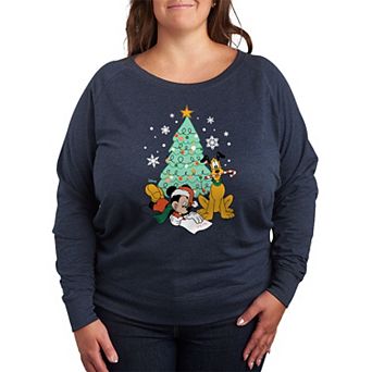 Disney's Mickey Mouse & Pluto Plus Size Christmas Tree French Terry Long Sleeve Tee