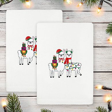 Linum Home Textiles 2-Piece Christmas Embroidered Llamas Luxury Cotton Hand Towel Set
