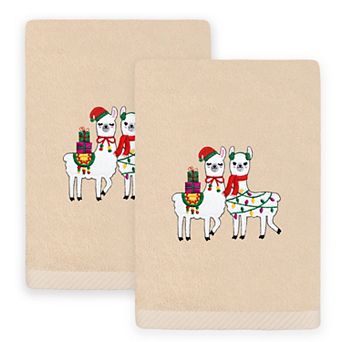 Linum Home Textiles 2 pc Christmas Embroidered Llamas Luxury Cotton Hand Towel Set