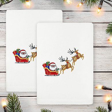 Linum Home Textiles 2-Piece Christmas Embroidered Santa's Sled Luxury Cotton Hand Towel Set