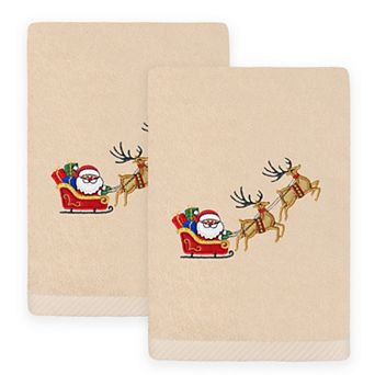 Linum Home Textiles 2 pc Christmas Embroidered Santa's Sled Luxury Cotton Hand Towel Set