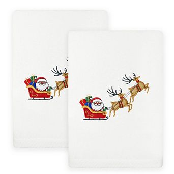 Linum Home Textiles 2 pc Christmas Embroidered Santa's Sled Luxury Cotton Hand Towel Set