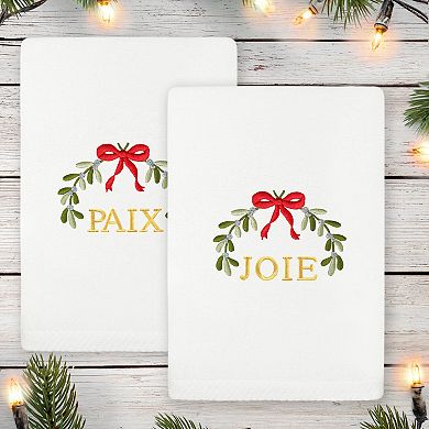 Linum Home Textiles 2-Piece Christmas Embroidered Misteltoe Luxury Cotton Hand Towel Set