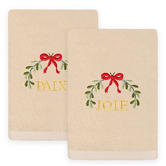 Linum Home Textiles 2 pc Christmas Embroidered Misteltoe Luxury Cotton Hand Towel Set