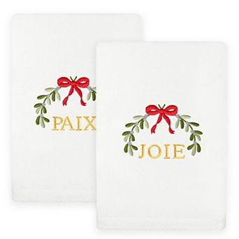 Linum Home Textiles 2 pc Christmas Embroidered Misteltoe Luxury Cotton Hand Towel Set