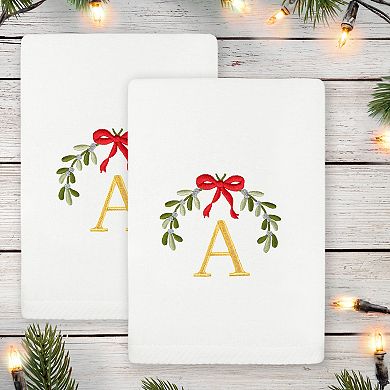 Linum Home Textiles 2-Piece Christmas Embroidered Mistletoe Monogram Luxury Cotton Hand Towel Set