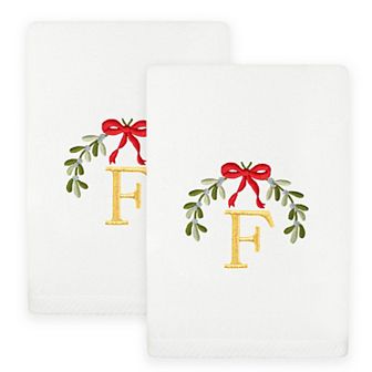 Linum Home Textiles 2 pc Christmas Embroidered Mistletoe Monogram Luxury Cotton Hand Towel Set