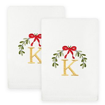 Linum Home Textiles 2 pc Christmas Embroidered Mistletoe Monogram Luxury Cotton Hand Towel Set