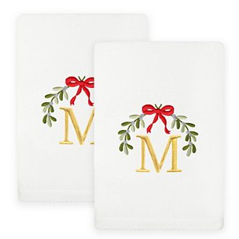 Linum Home Textiles 2 pc Christmas Embroidered Mistletoe Monogram Luxury Cotton Hand Towel Set