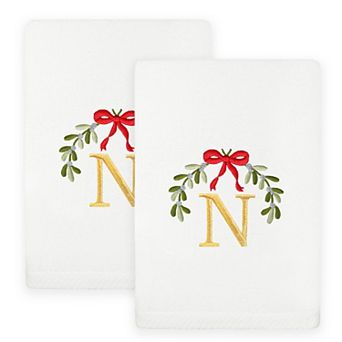 Linum Home Textiles 2 pc Christmas Embroidered Mistletoe Monogram Luxury Cotton Hand Towel Set