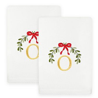 Linum Home Textiles 2 pc Christmas Embroidered Mistletoe Monogram Luxury Cotton Hand Towel Set