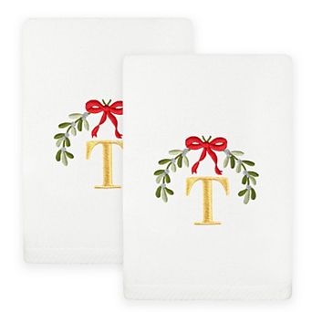 Linum Home Textiles 2 pc Christmas Embroidered Mistletoe Monogram Luxury Cotton Hand Towel Set