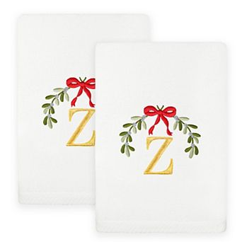 Linum Home Textiles 2 pc Christmas Embroidered Mistletoe Monogram Luxury Cotton Hand Towel Set
