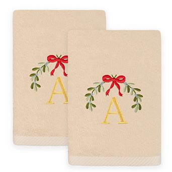 Linum Home Textiles 2 pc Christmas Embroidered Mistletoe Monogram Luxury Cotton Hand Towel Set